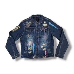 Create 2MRW Hand Painted‎ Distressed Embroidered Colored Denim Jacket Men's L